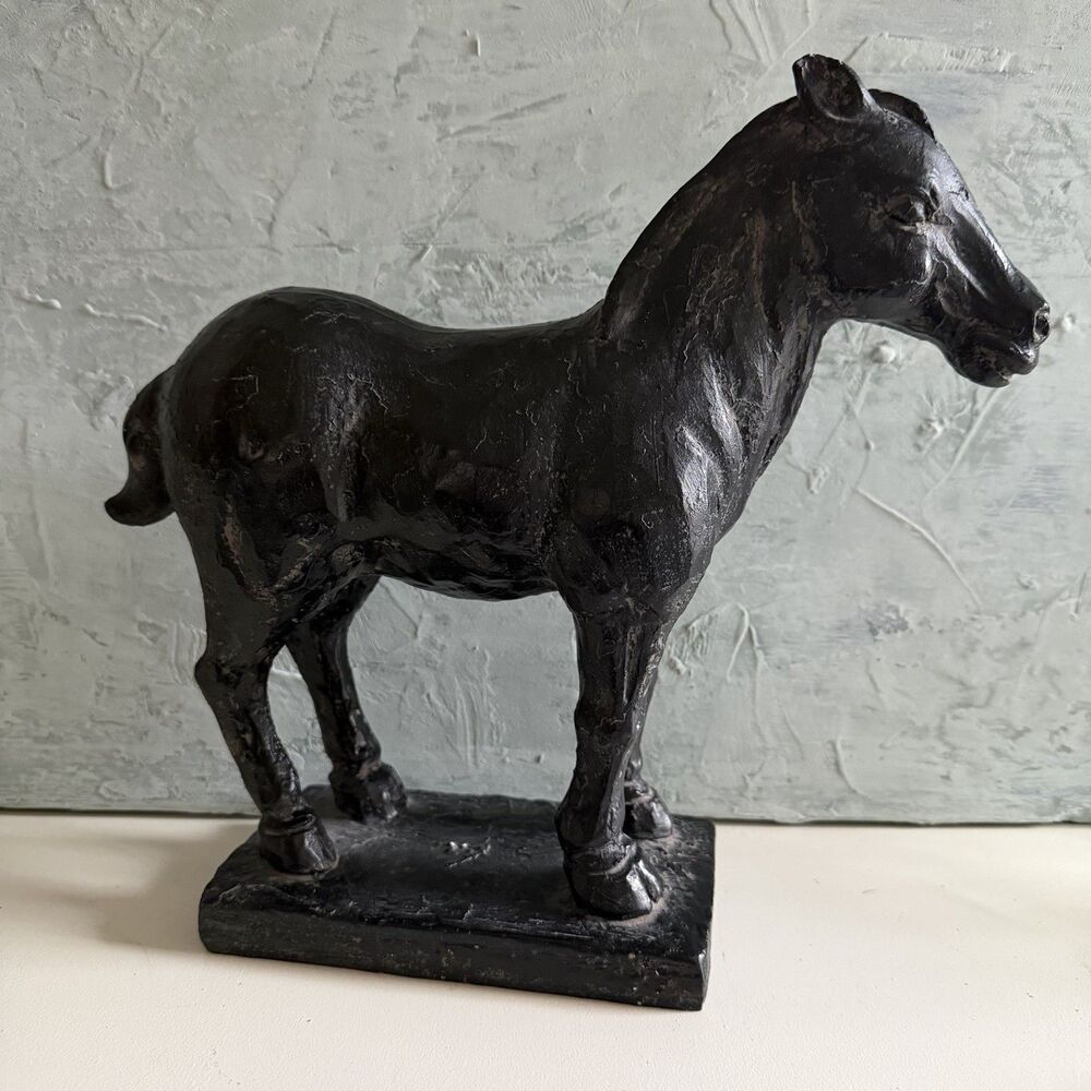 Vintage Black Horse Statue Equestrian Decor Composite Resin Western Decor